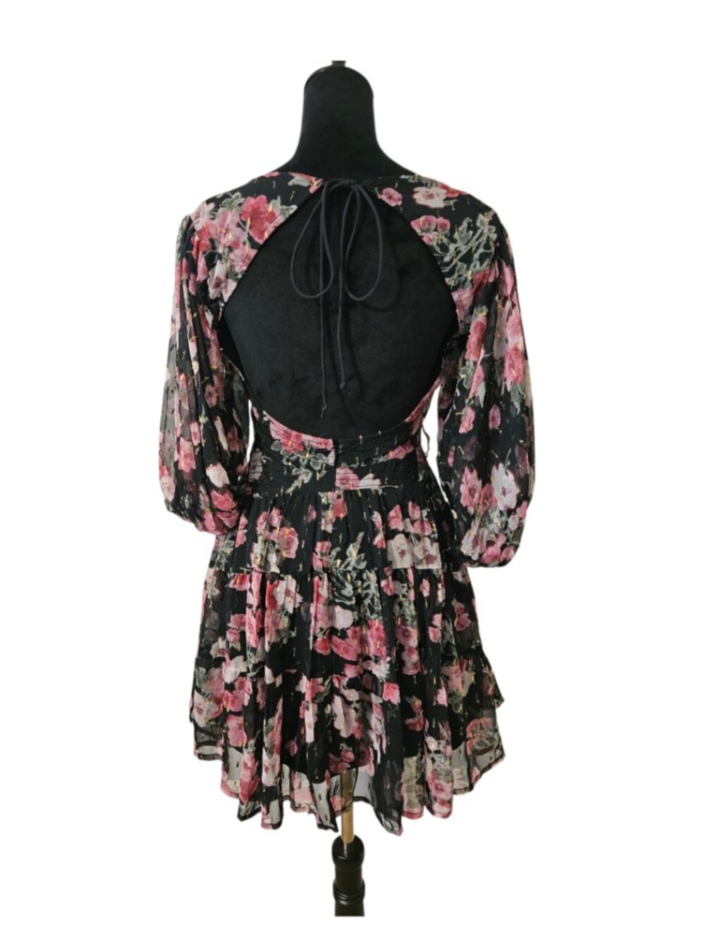 Floral Puff-Sleeve Mini Dress in Pink and Black-US-Size 4